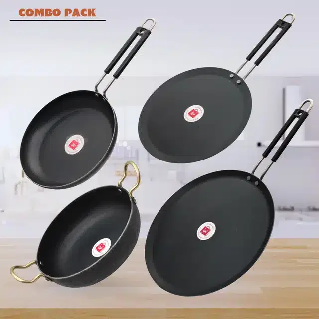 Frying Pan & Tawa Set, Pack of 4, Black, 1200 ml