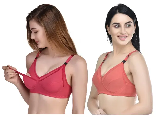 Cotton Blend Solid Non Padded Feeding Bras for Women, Pack of 2 (Multicolor, 34)