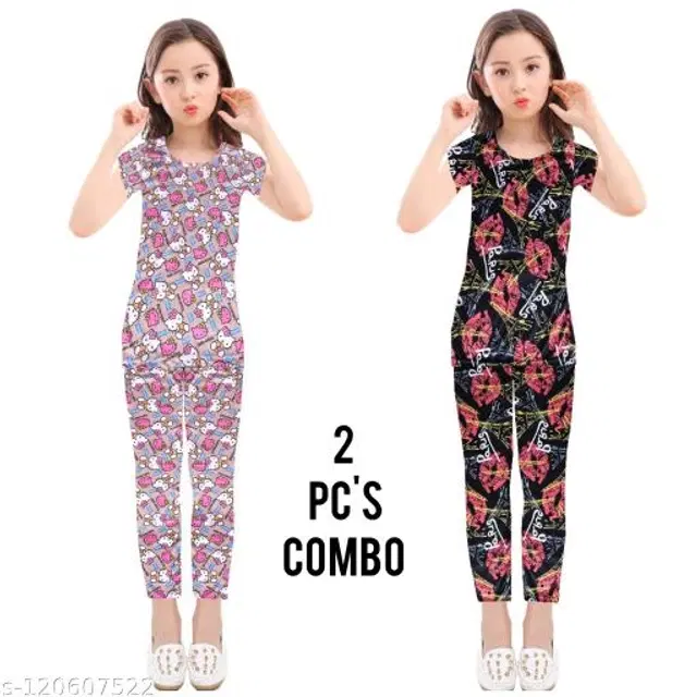 Polycotton Nightsuit for Girls, Pack of 2 (Purple & Black, 2-3 Years)
