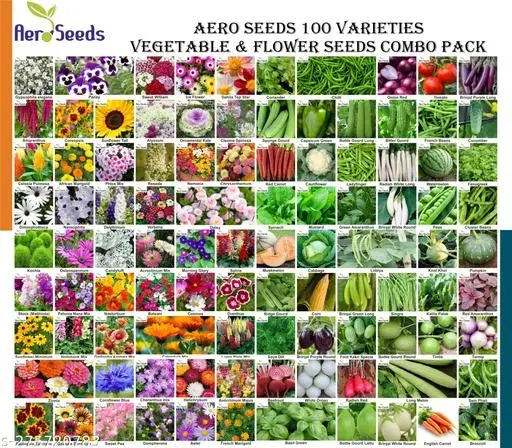 Aero Seeds 100 variety (50 flower and 50 vegetable) seeds combo pack with instruction manual.