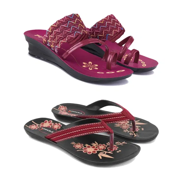 Sandals for Women, Pack of 2 (Maroon & Black, 5)