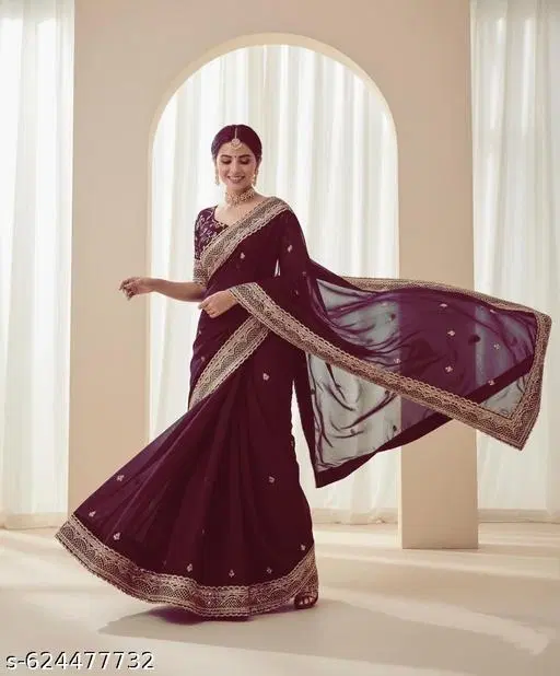 Chiffon Solid Saree For Women, Maroon