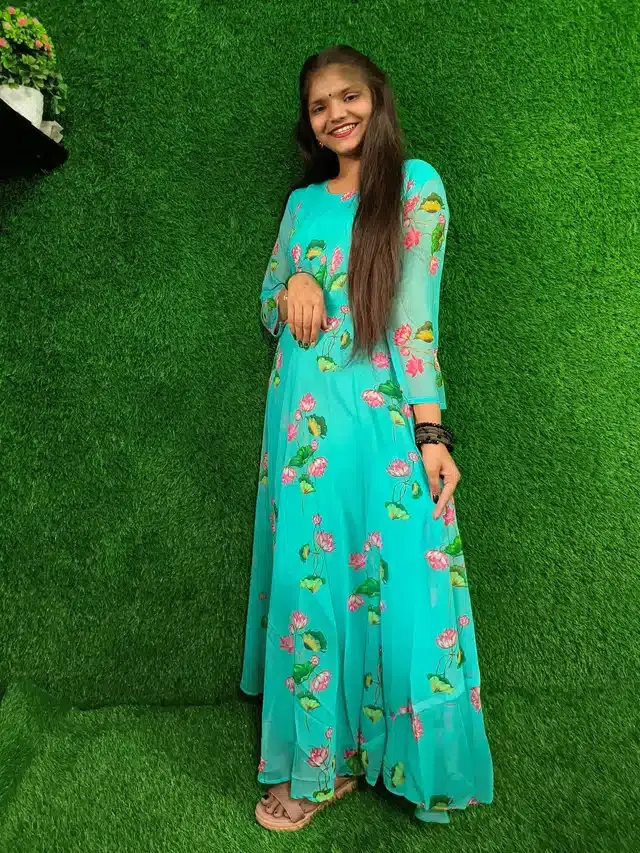 Three Quarter Sleeves Gown for Women (Aqua Blue, L)