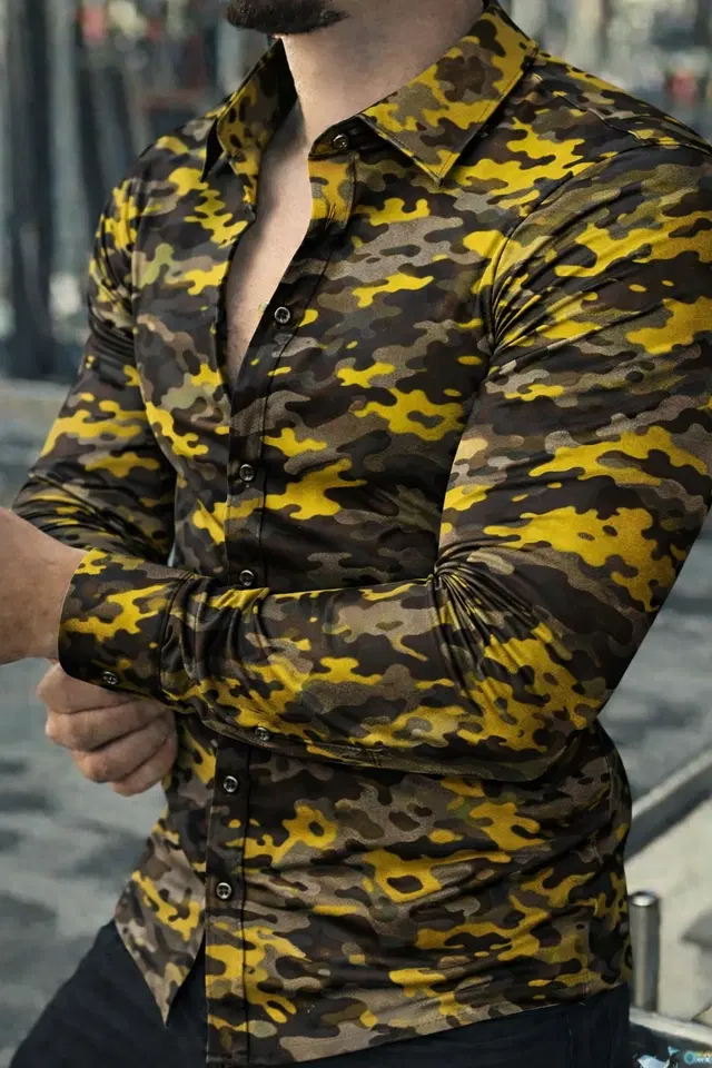 Lycra Geometric Print Shirt for Men, Yellow (S)