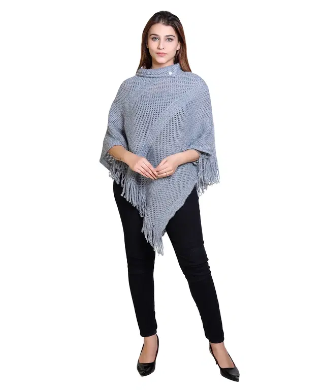Woolen Self-Design Ponchos for Women (Grey, L)