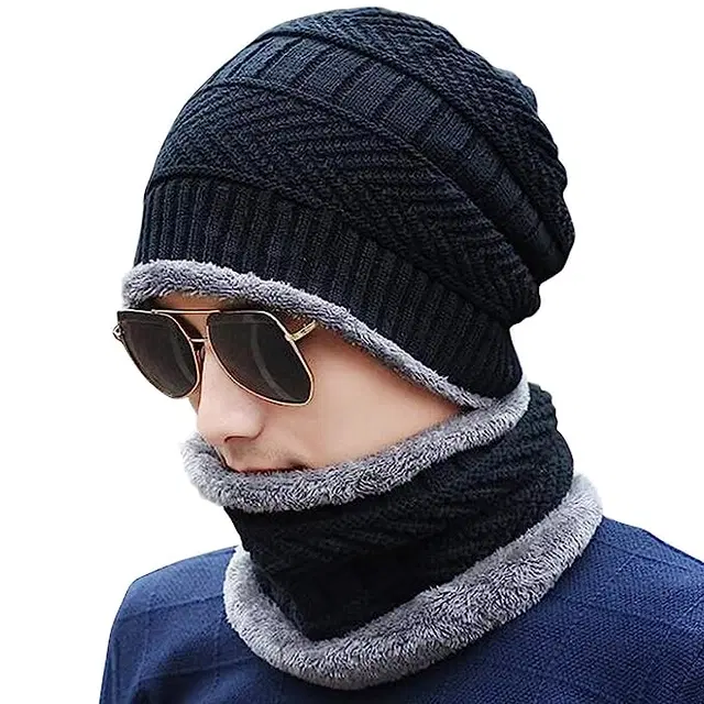 Woolen Cap with Neck Warmer for Men (Black)