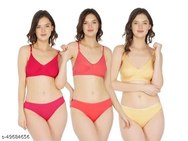 Cotton Blend Solid Lingerie Set for Women, Pack of 3 (Multicolor, 30A)