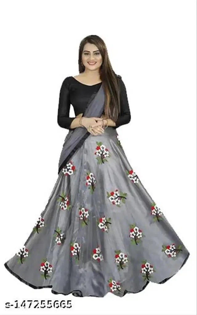 Net Lehenga with Choli & Dupatta for Women (Grey, Free Size)