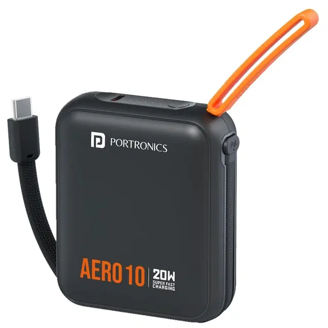 Portronics Aero 10 10000 mAh 20w Fast Charging Mini Power Bank With Detachable Type C Cable, Type C Pd Input/Output Port, Led Indicator, Wake Up Button, Strong Lanyard, Light Weight (Black)