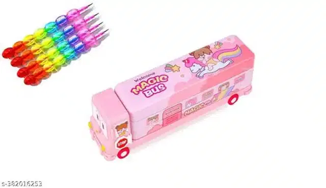 Bus Shaped Pencil Case with 4 Pcs Pencils, Multicolor, Set of 2