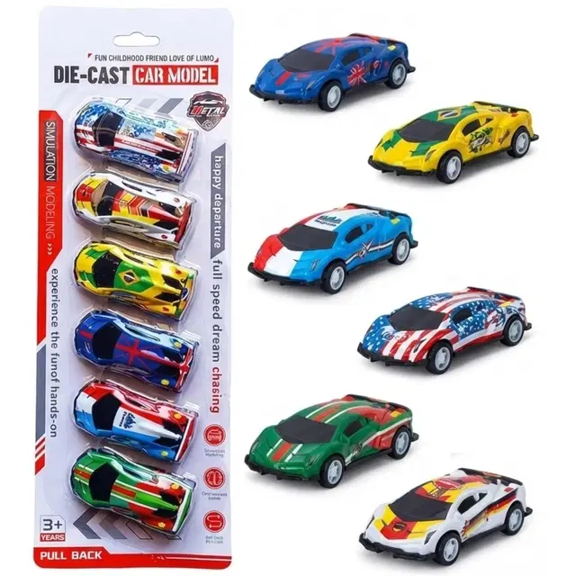 Pack of 6 Mini Pull Back Car Set for Kids, International Flag Design, Multi-Color [Metal, Assorted Colours & Designs, Sent as per Availability]