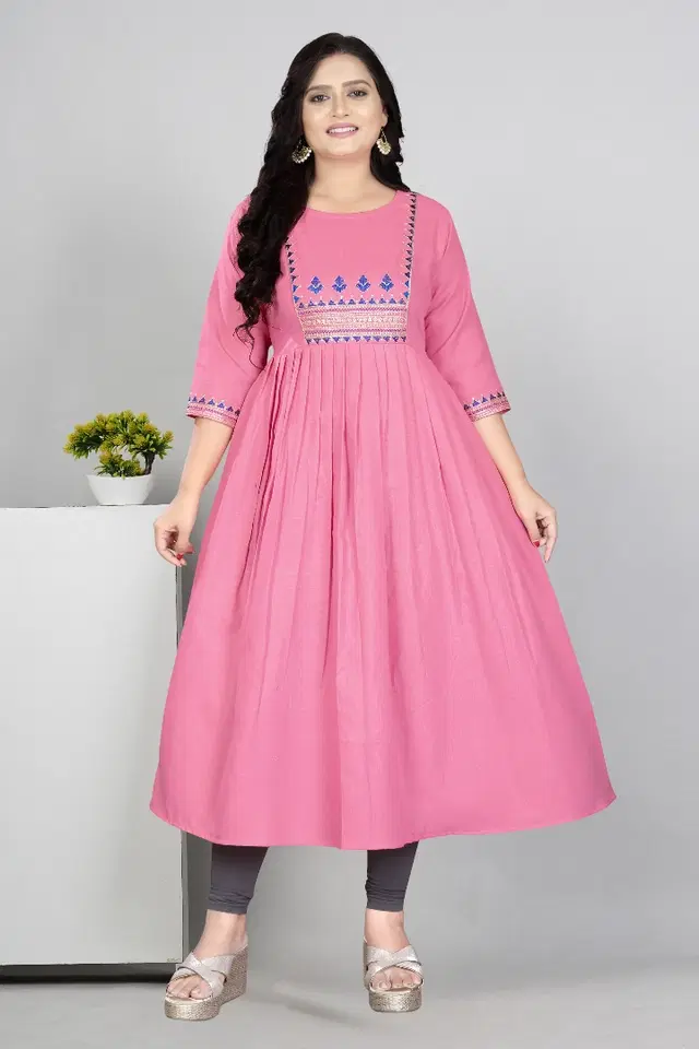 Zari Embroidered Cotton Blend Anarkali Kurti for Women (Pink, M)