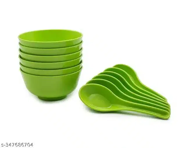 Plastic 6 Pcs Bowls, 250 ml with 6 Pcs Spoons, Green, Set of 2