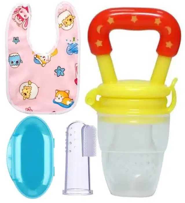 Silicone Fruit Feeder with Finger Brush & Bib for Kids, Multicolor, Set of 3