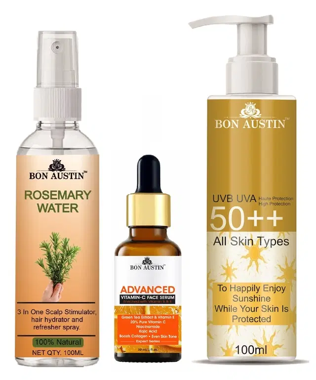 Bon Austin Rosemary Hair Spray, 100 ml with Advance Vitamin C Face Serum, 30 ml, UVA & UVB Protection Sunscreen Lotion, 100 ml, Set of 3