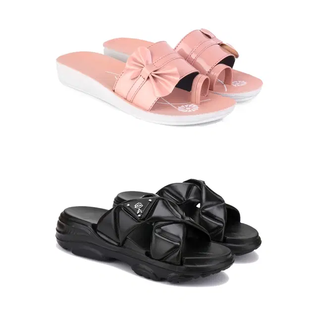 Combo of Sliders & Flats for Women, Set of 2 (Multicolor, 5)