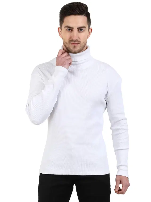 Cotton Blend Solid Hi-Neck Sweater for Men, White (S)