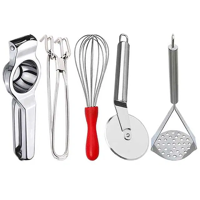 Stainless Steel Lemon Squeezer & Pakkad & Egg Whisk & Pizza Cutter & Potato Masher For Kitchen, Set of 5, OC-067