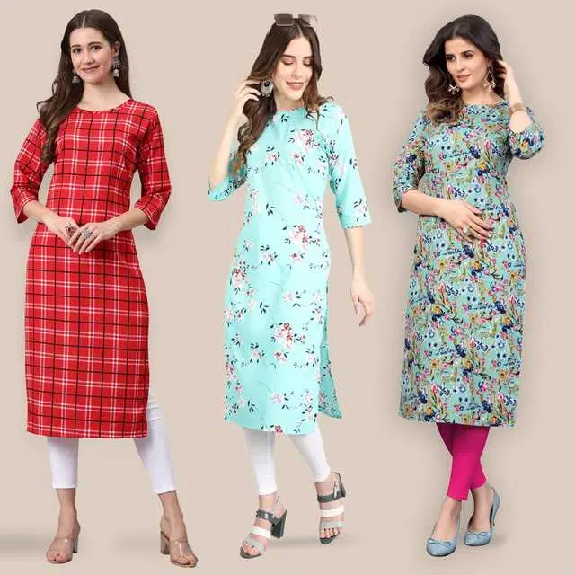 Women Crepe Printed Kurta, Pack Of 3 (Multicolor, L) (SD-299)