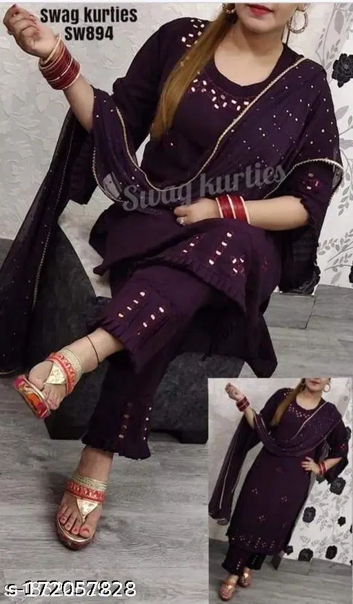 Rayon embroidered Kurta Set with Mirror Work for Women ( Purple,XL )