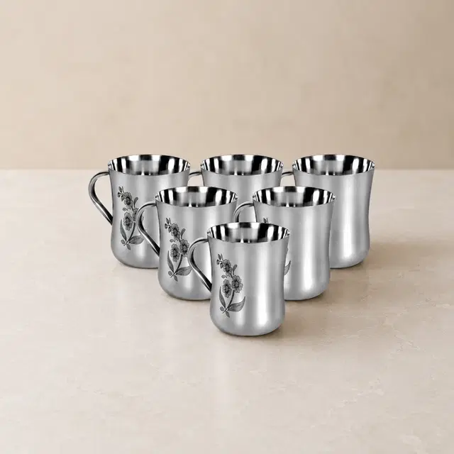 LEROYAL Stainless Steel Tea Cup, Silver, Pack of 6