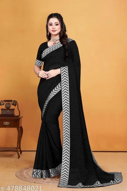 Chiffon Solid Saree For Women, Black
