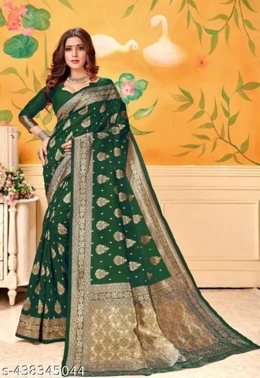 Banarasi Silk Zari Woven Saree for Women (Bottle Green, 6.3 m)