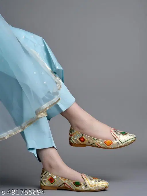 Embellished Synthetic Ballerinas for Women (Gold, IND-7)