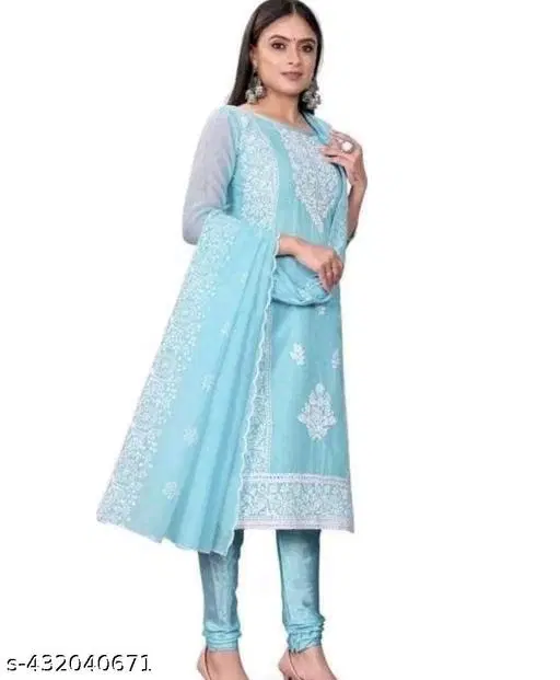 Chanderi Cotton Embroidered Pakistani Suits for Women (Blue, Un Stitched)
