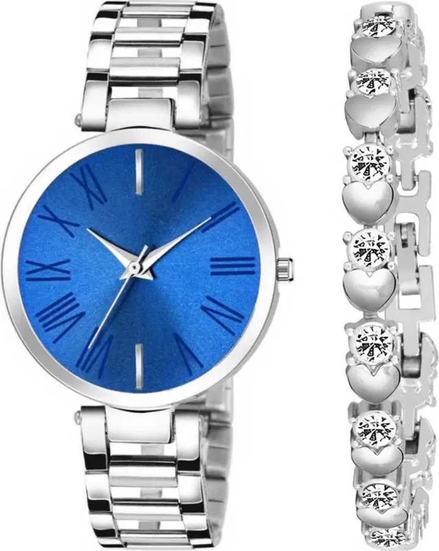 Metal Strap Analog Watch with Bracelet for Women & Girls, Set of 2 (Multicolor)