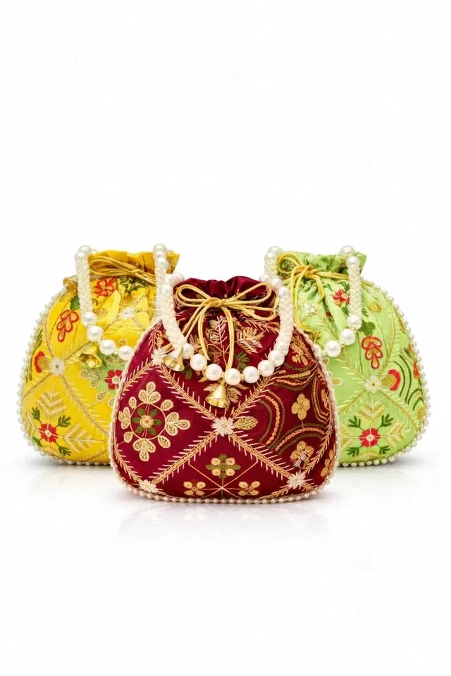 Handcrafted Embroidered Silk Potli Bag, Multicolour, Pack of 3