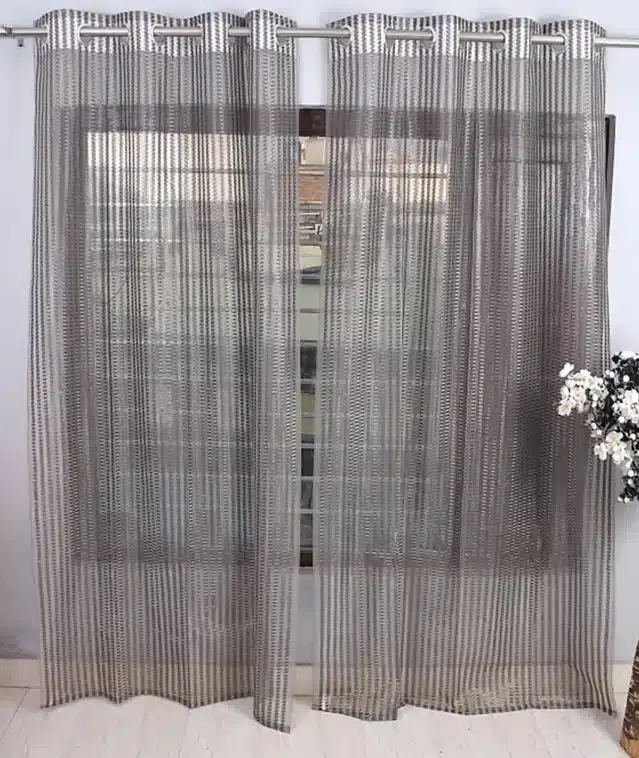 Netted Solid Window & Door Curtains, Pack of 2, Grey, 5 feet