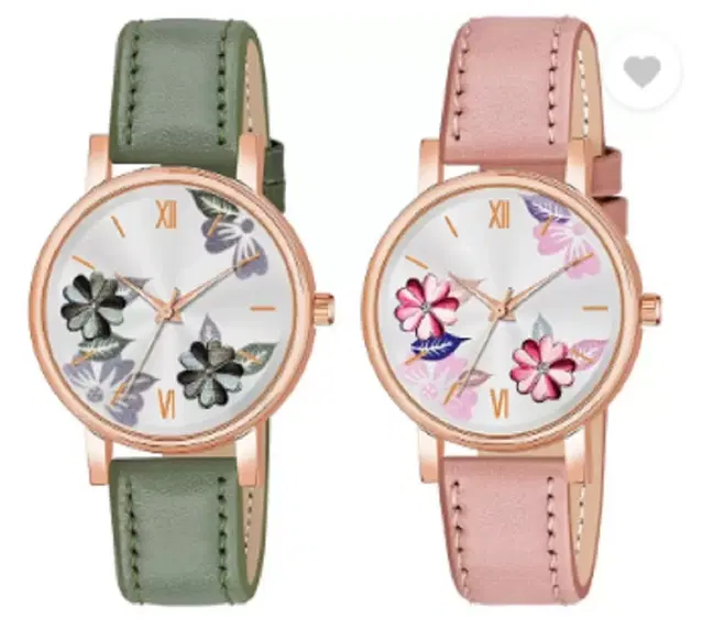Leather Strap Analog Watch for Women & Girls, Pack of 2 (Multicolor)