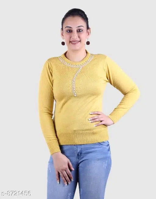 Acrylic Embellished Sweater for Women (Yellow, M)