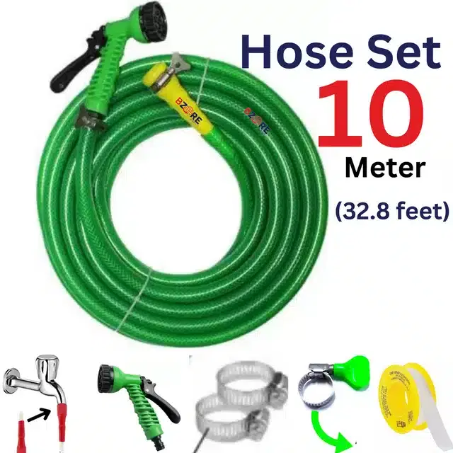 Braided Hose with Tap Connector & Spray Gun, Green, 10 m