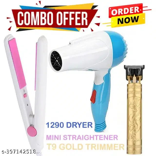 Combo of Hair Straightener with Dryer and Trimmer for Men & Women, Multicolor, Set of 3