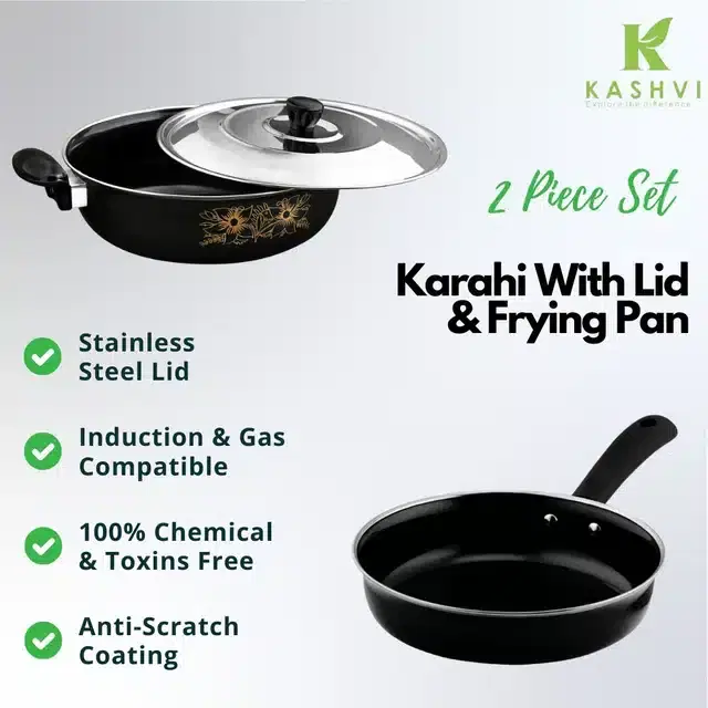 Non Stick Kadai with Stainless Steel Lid & Frying Pan, Black, Set of 2