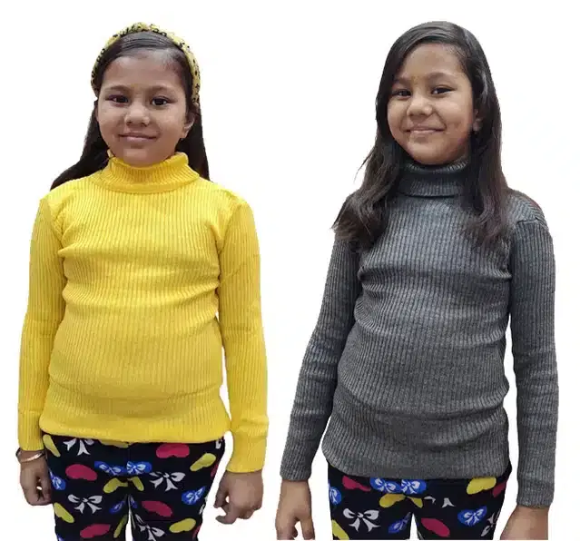 Full Sleeves Solid Sweater for Girls, Pack of 2 (Yellow & Grey, 0-3 Months)