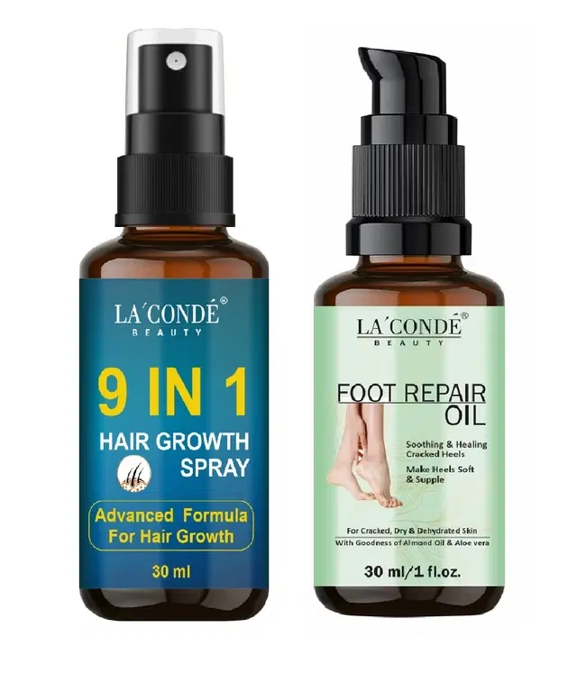 Combo of La'Conde Beauty 9 in 1 Hair Growth Spray & Foot Repair Soothing Oil, 30 ml, Set of 2