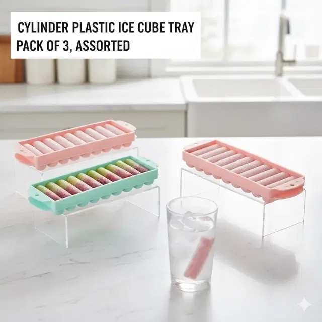 Cylinder Plastic Ice Cube Tray, Pack of 3, Assorted