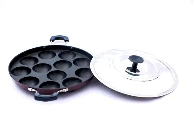 ZODEX 12 Cavities Non Stick Appam Patra with Lid and Side Handle, Multicolor, 21 cm