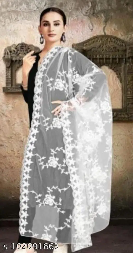 Embroidered Punjabi Net Floral Sewing & Embroidery (White, Free Size)