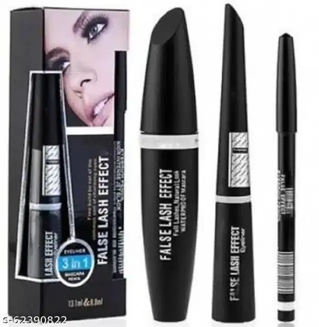 Mascara with Eyebrow Pencil & Eye Liner, Black, Set of 3