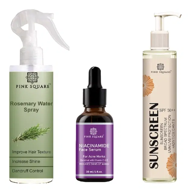 Pink Square Rosemary Hair Spray, 100 ml with Niacinamide Face Serum, 30 ml & Spf Sunscreen Lotion, 100 ml, Set of 3