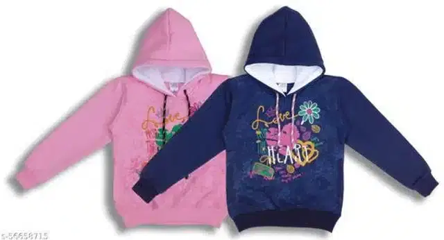 Fleece Printed Full Sleeves Hooded Sweatshirts for Girls, Pack of 2 (Light Pink & Navy Blue, 2-3 Years)