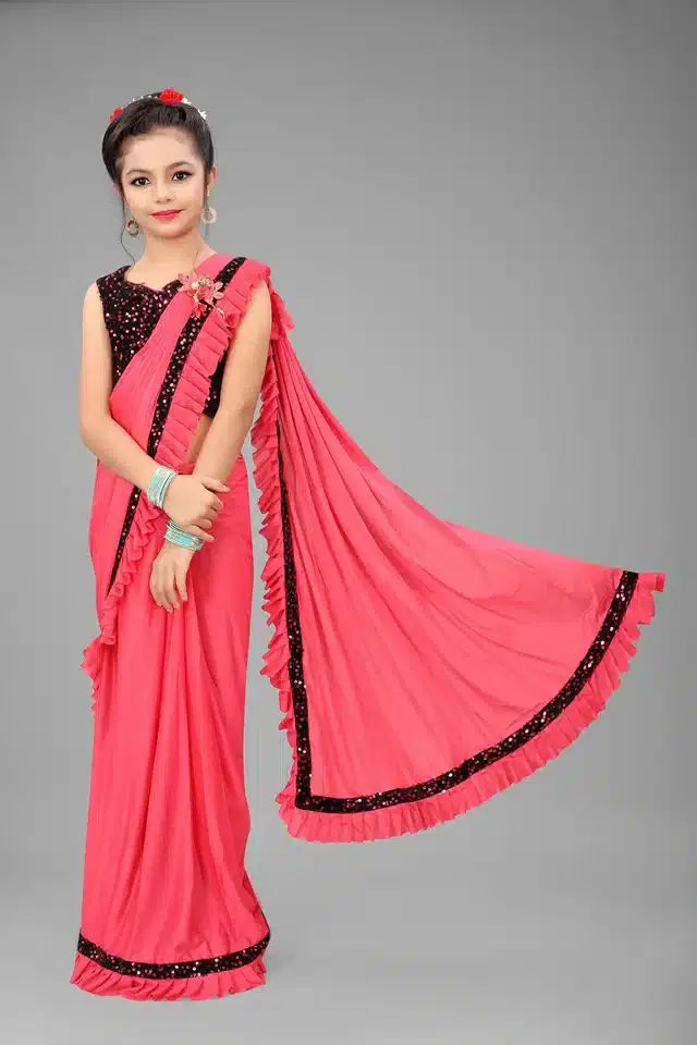 Ready to Wear Saree with Unstitched Blouse for Kids (Peach, 3-4 Years)