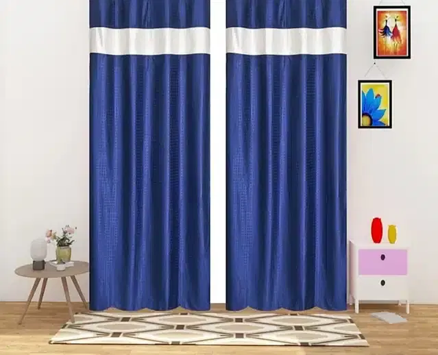 Polyester Patch Worked Window & Door Curtains, Pack of 2, Blue, 5 feet