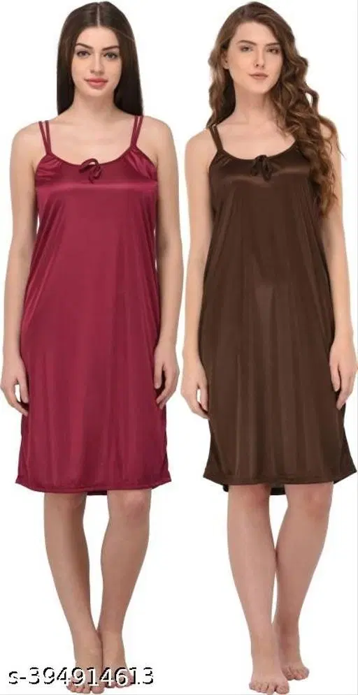 Satin Solid Nightdress for Women, Brown & Dark Pink, Pack of 2 (S)