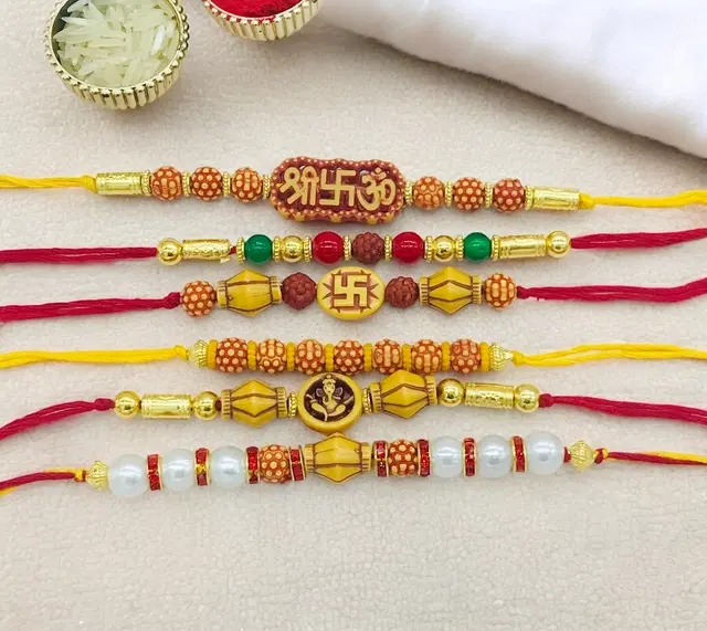 Handmade Designer Rakhi with Roli Chawal, Multicolor, Pack of 6