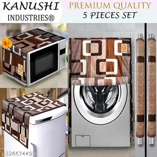KANUSHI Industries®Fridge/Refrigerator Cove+1 Pc Microwave Cover+1 Front Load Washing Machine Cover+2 Pc Handle Cover(FRI+Micro+W.M-Front+2-HDL-Brown-Box)…